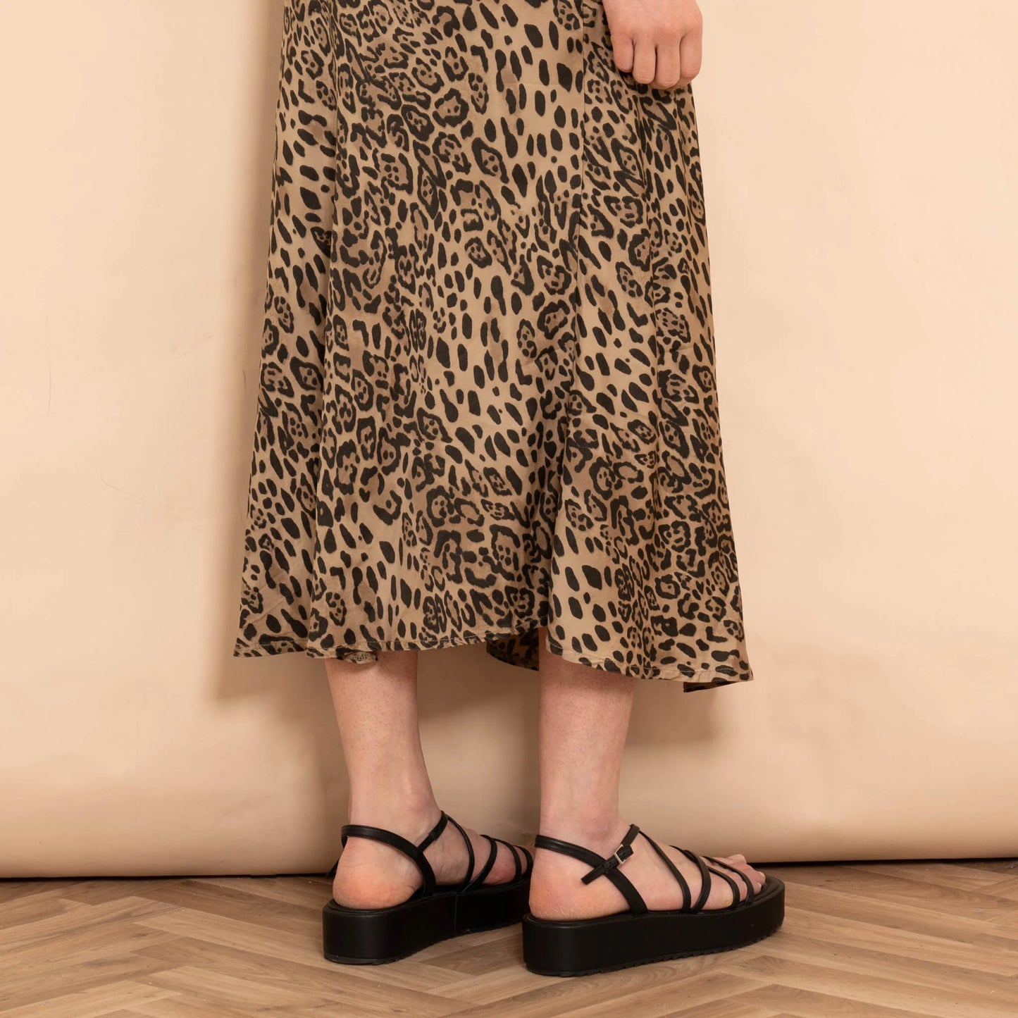 Cassie, Midi Slip Skirt - Natural Leopard Print