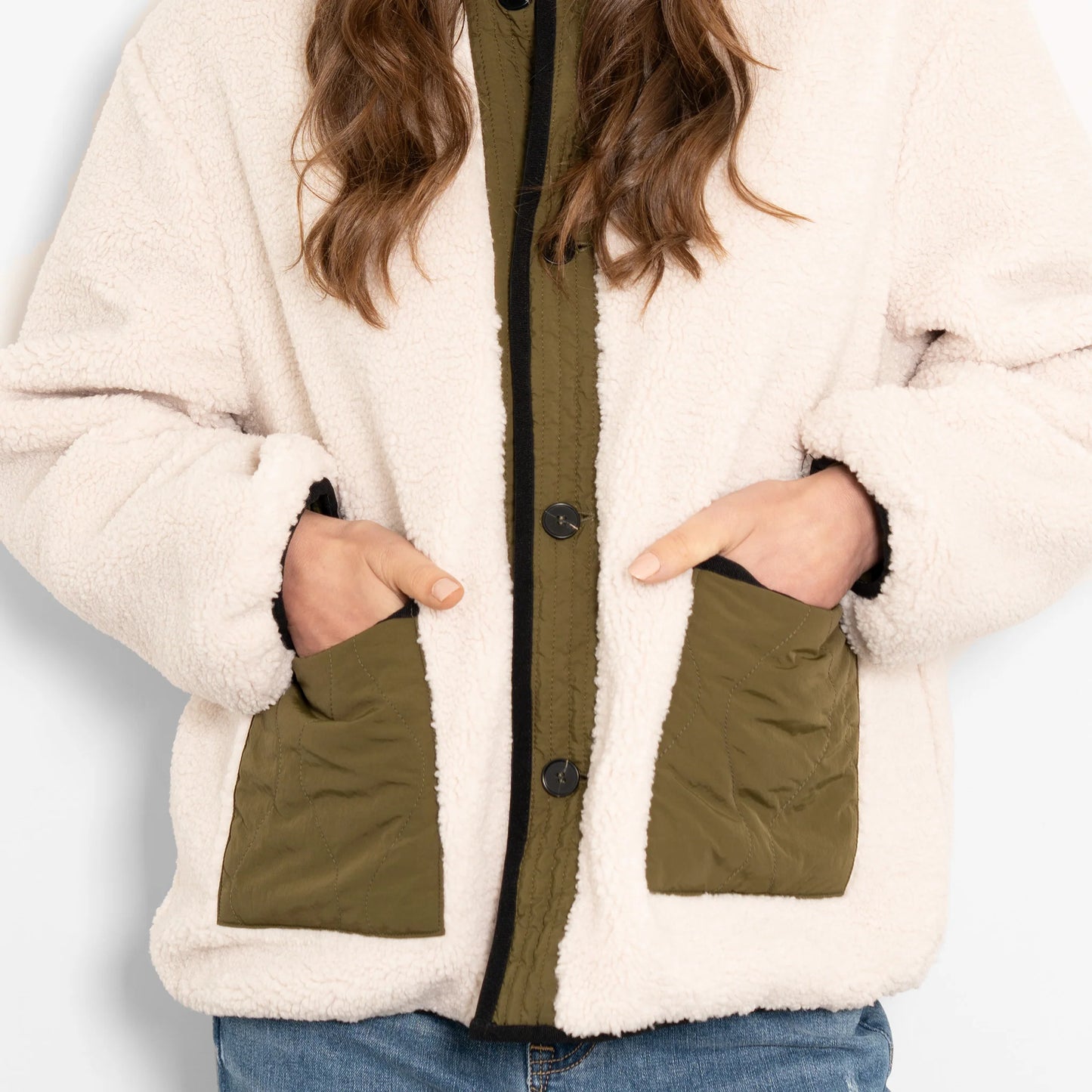 Connie, Reversible Jacket - Khaki/Cream Borg