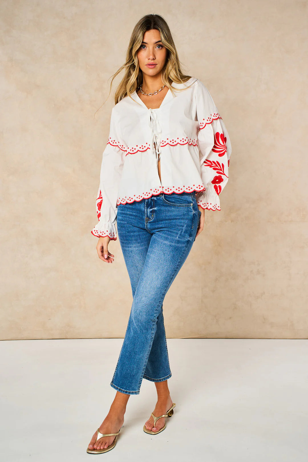Embroidered Floral Tie Cotton Shirt