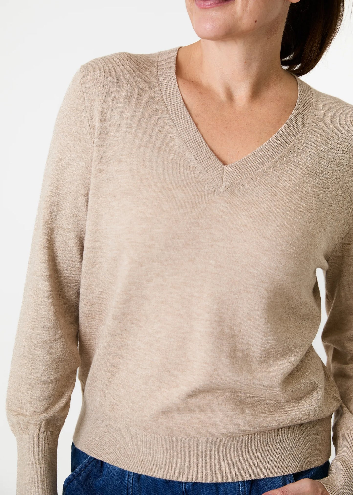 Stone, Fitted V Neck Jumper