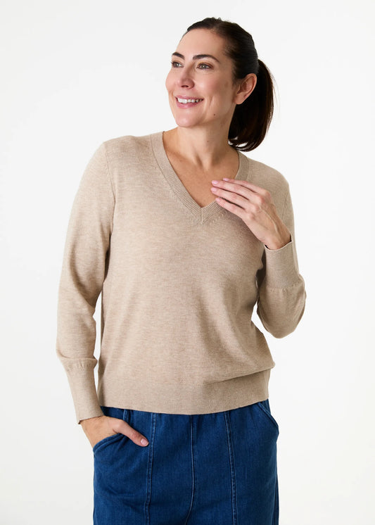 Stone, Fitted V Neck Jumper