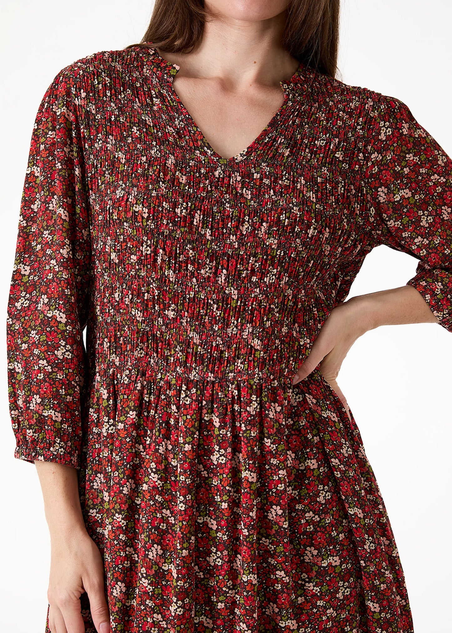Chocolate, Shirring Notch Neck Dress