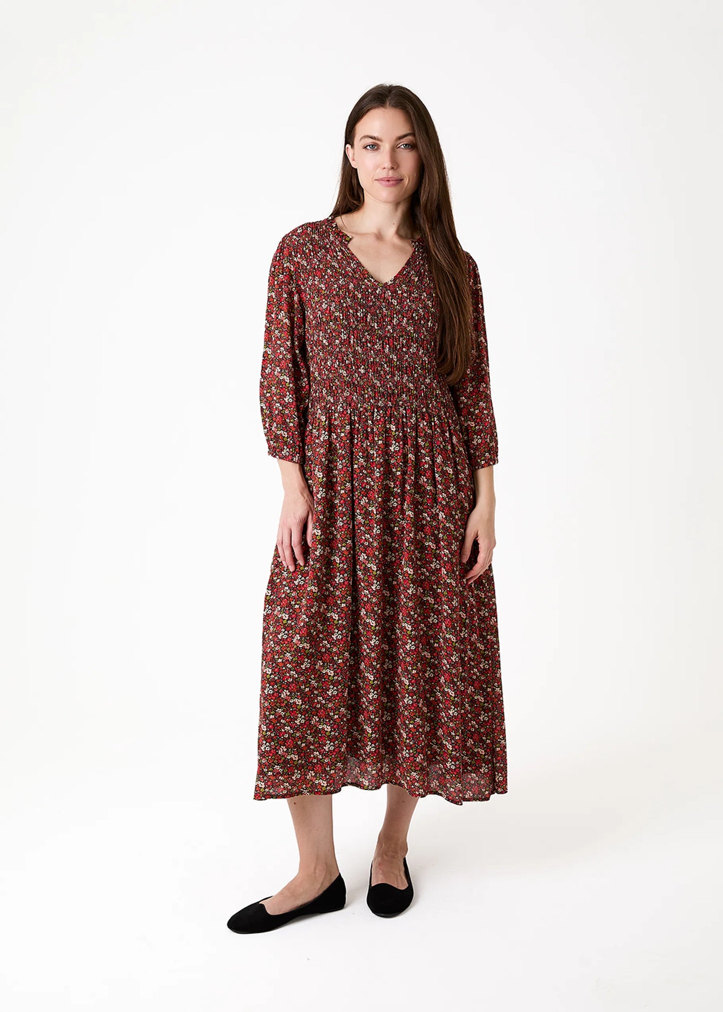 Chocolate, Shirring Notch Neck Dress