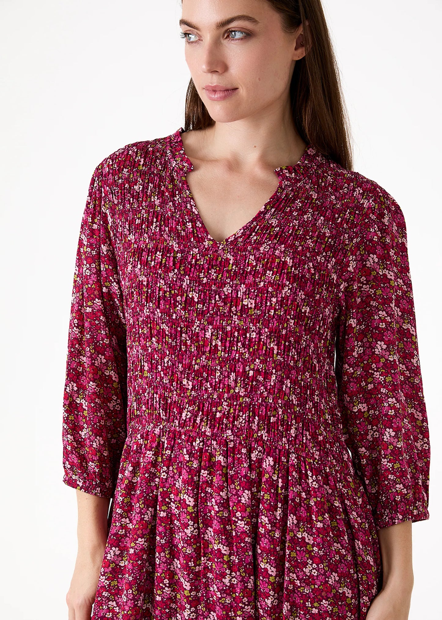 Merlot, Shirring Notch Neck Dress