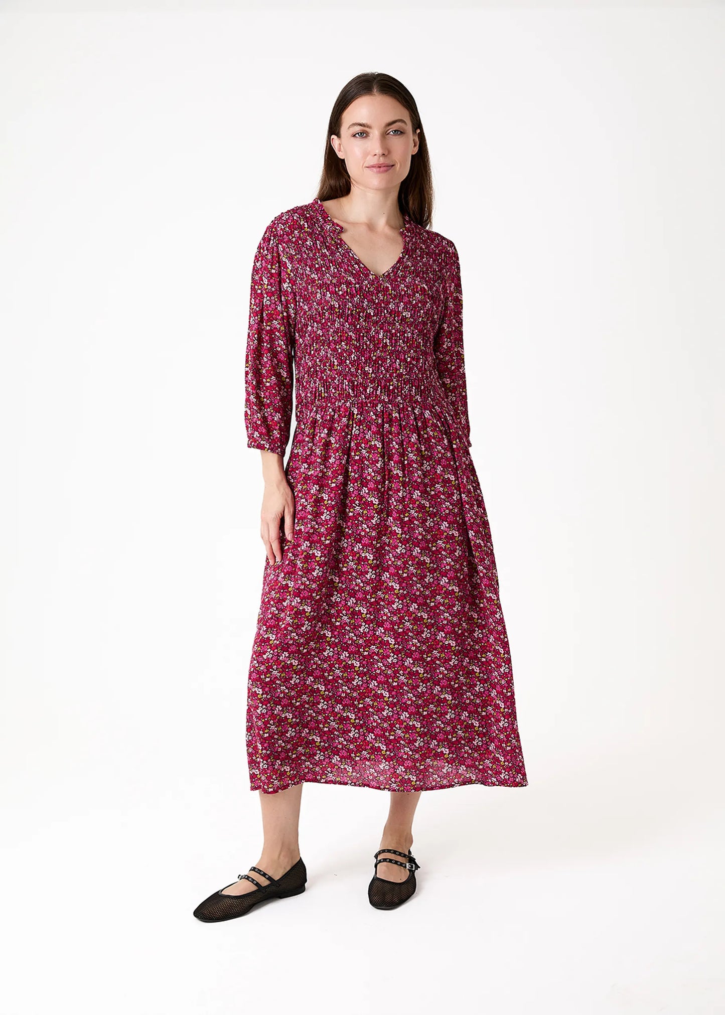 Merlot, Shirring Notch Neck Dress