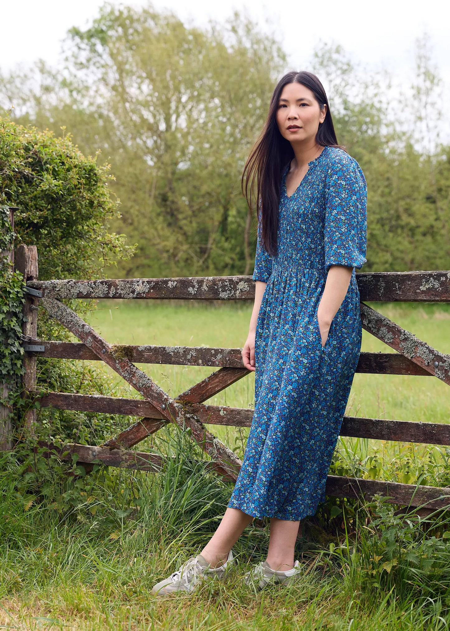 Navy, Shirring Notch Neck Dress