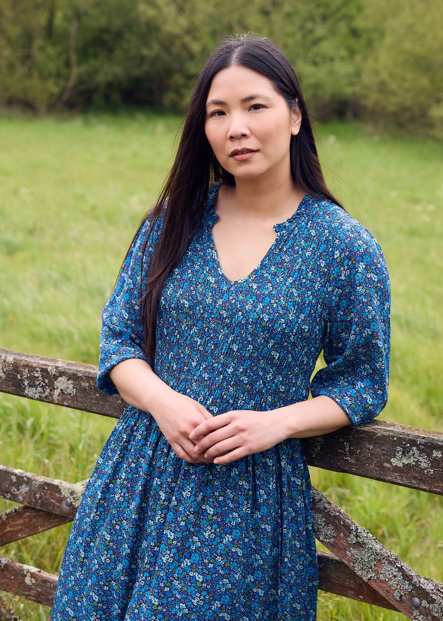 Navy, Shirring Notch Neck Dress