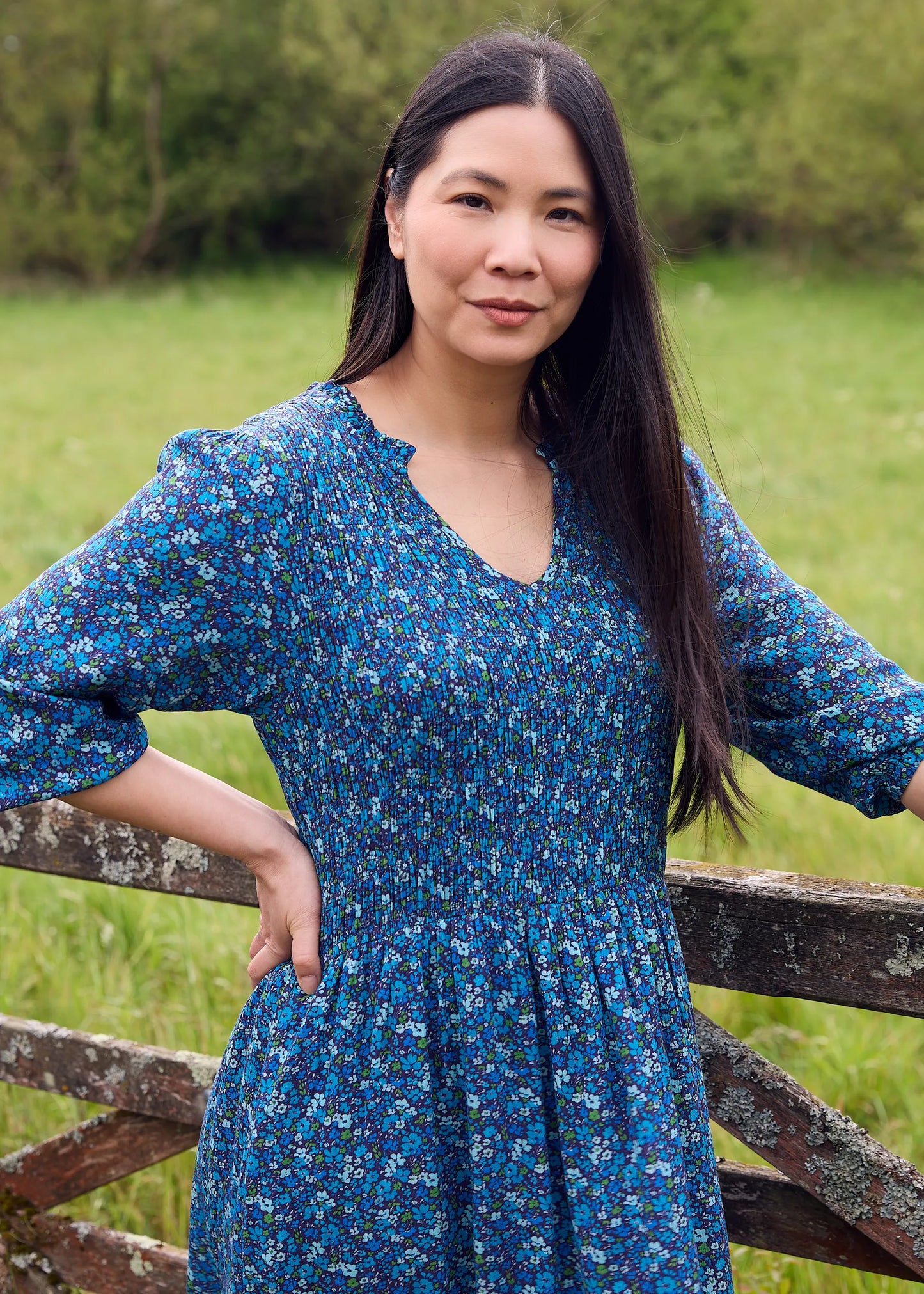 Navy, Shirring Notch Neck Dress