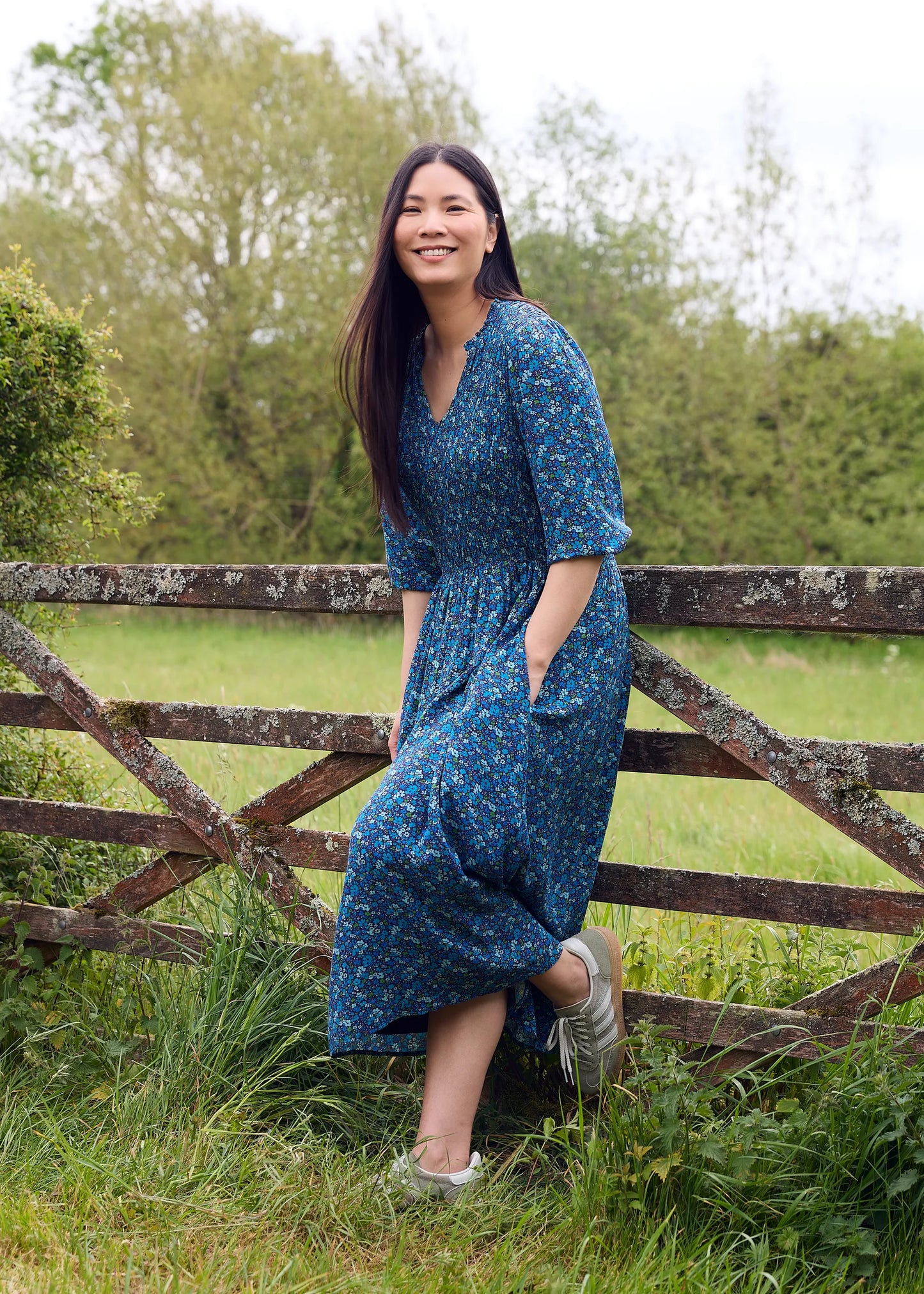 Navy, Shirring Notch Neck Dress