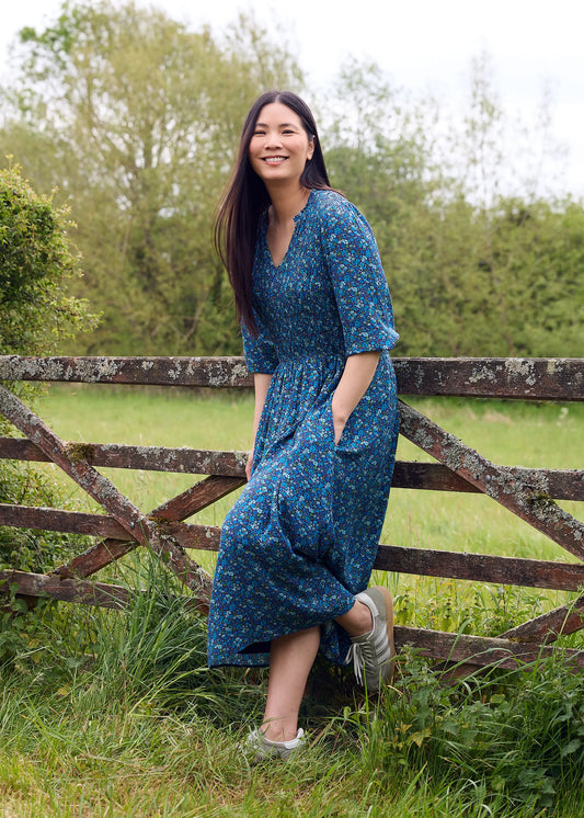 Navy, Shirring Notch Neck Dress