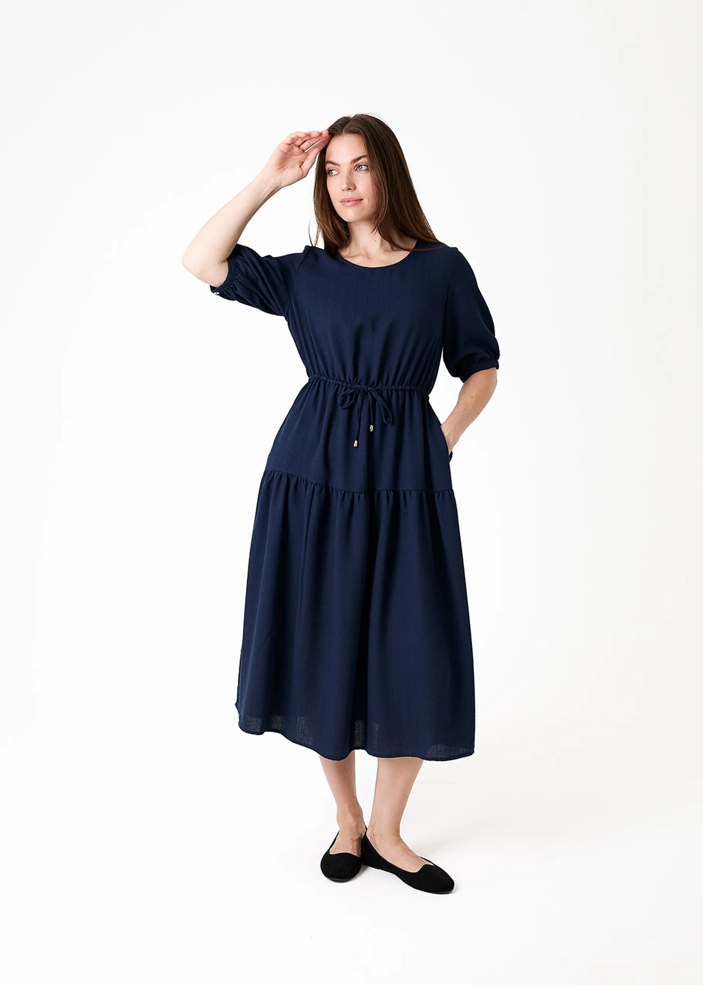 Navy, Ripple Drawstring Dress