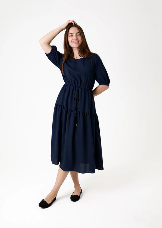 Navy, Ripple Drawstring Dress
