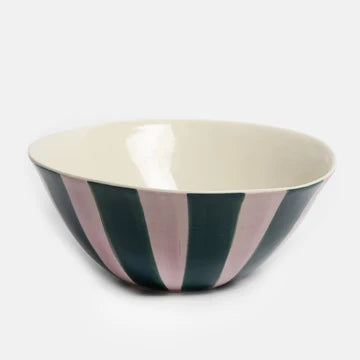 Pink & Dark Green Stripe & Heart Deep Bowl