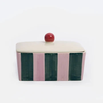 Pink & Dark Green Stripe Butter Dish