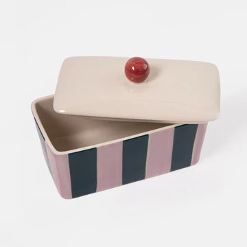 Pink & Dark Green Stripe Butter Dish