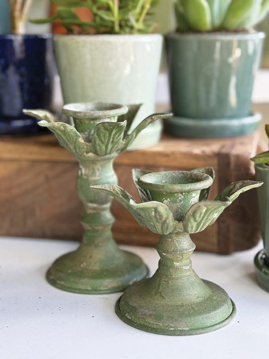 Rusty Green Leaf Candle Holder - Large