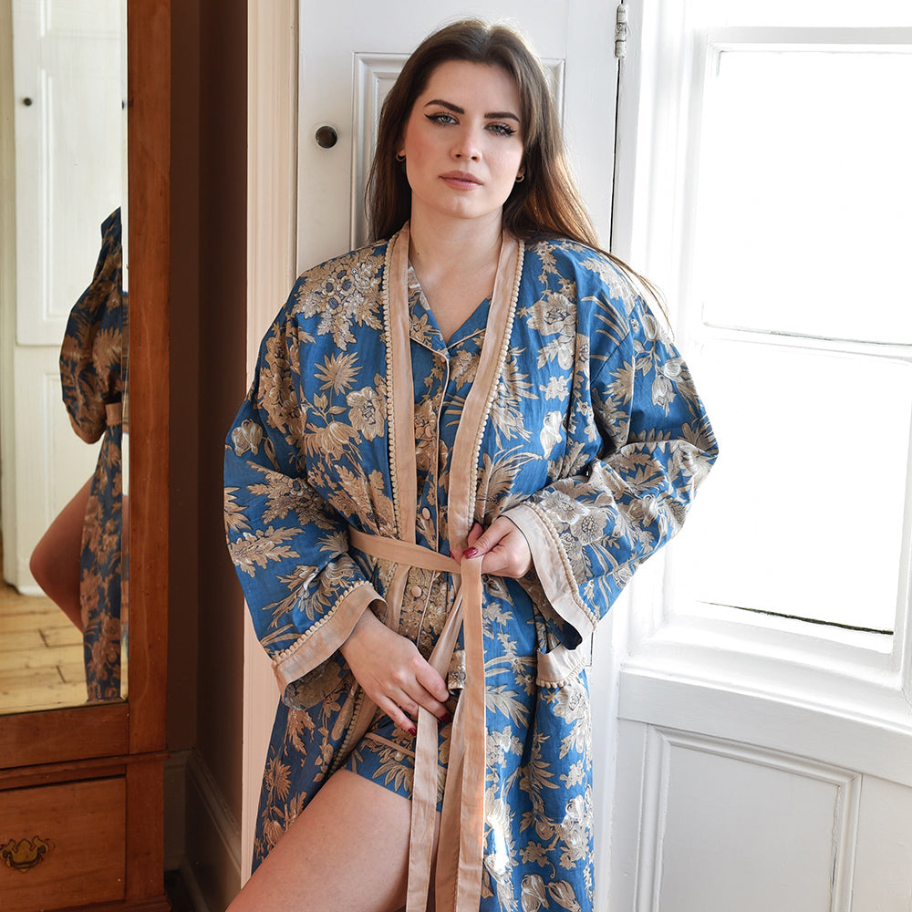 French Blue & Light Tan Print Dressing Gown