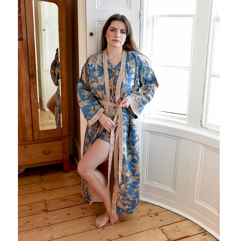French Blue & Light Tan Print Dressing Gown