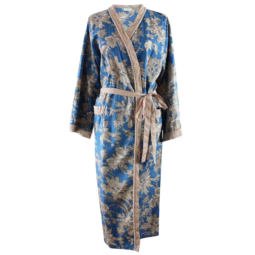 French Blue & Light Tan Print Dressing Gown
