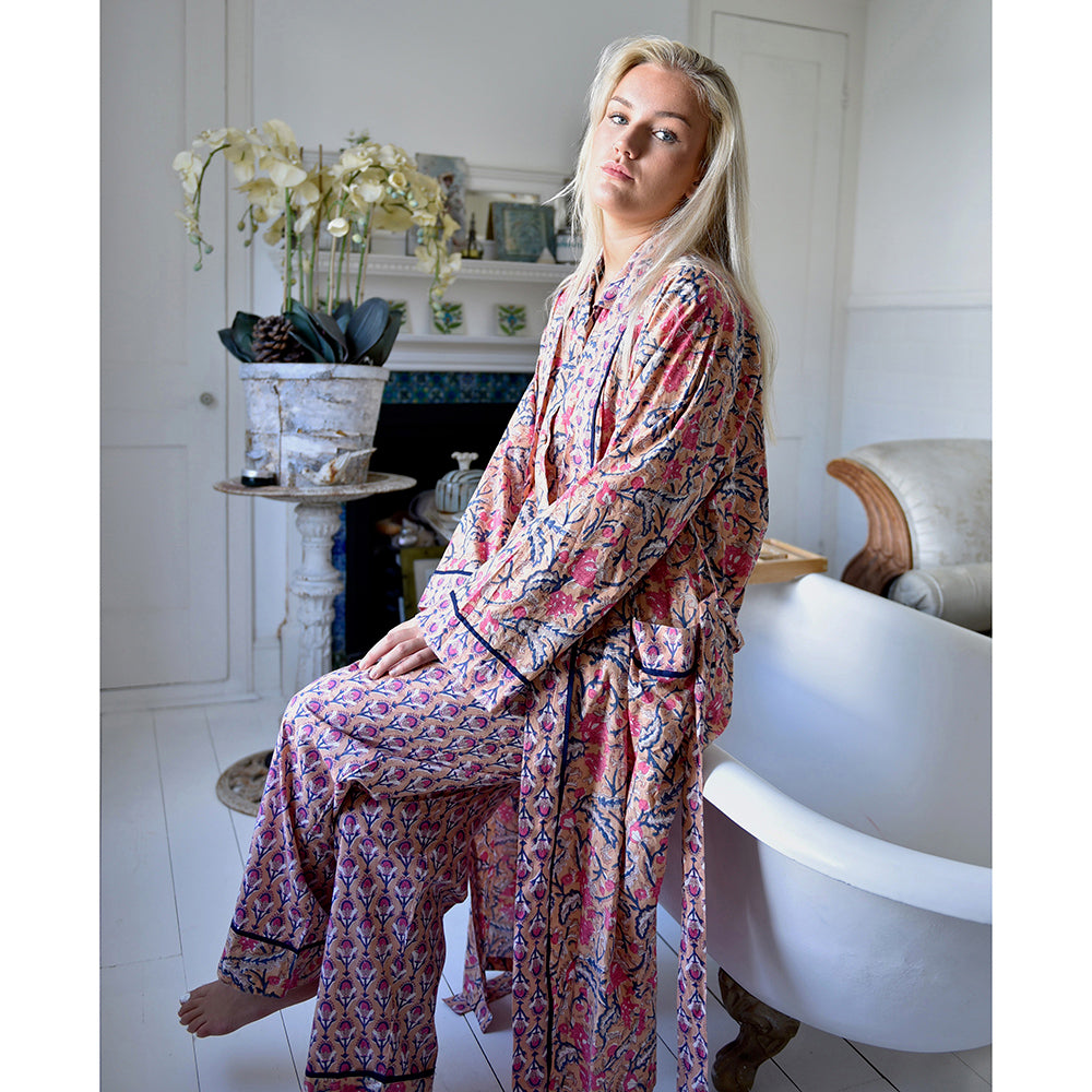 Apricot, Navy & Persian Red Print Dressing Gown