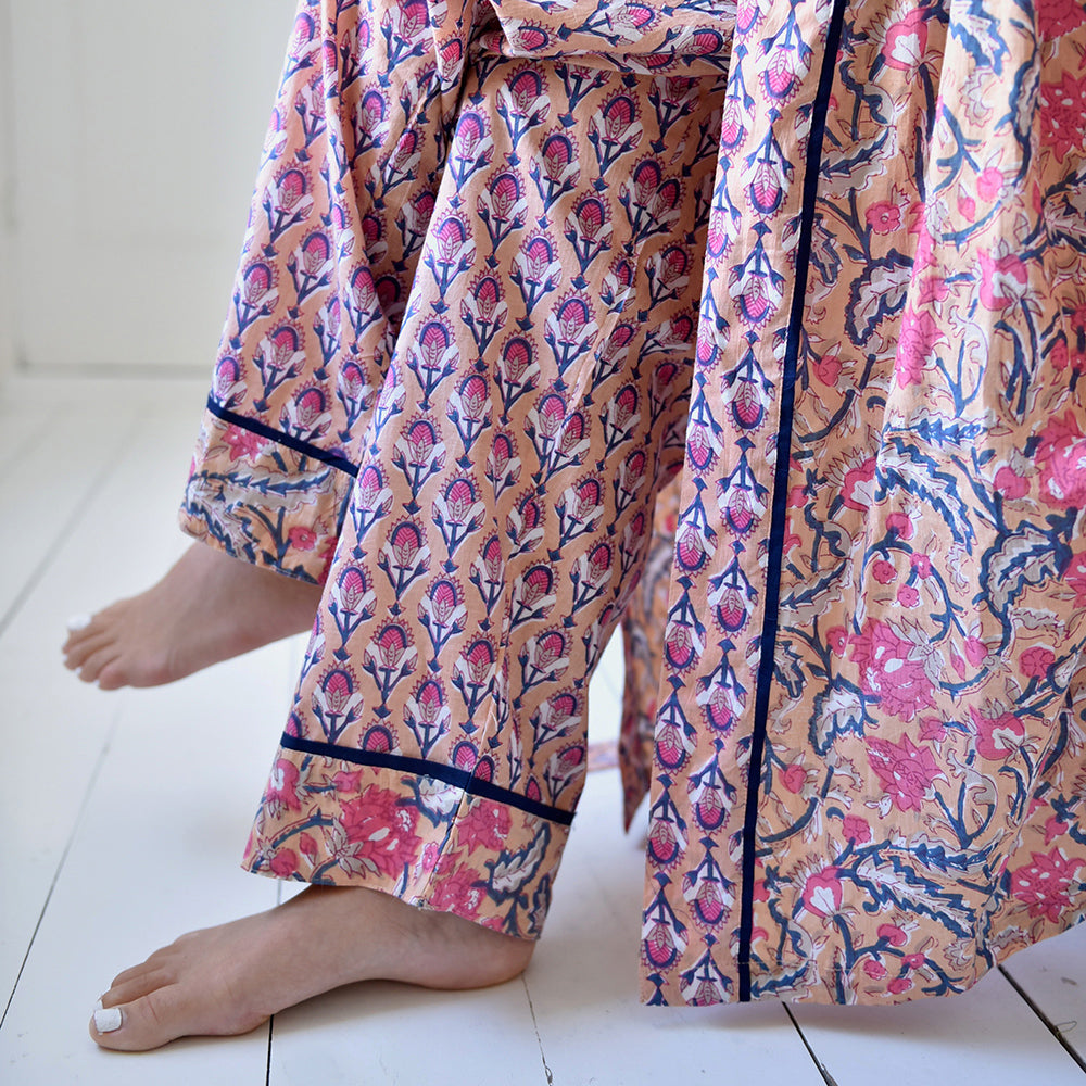 Apricot, Navy & Persian Red Print Dressing Gown