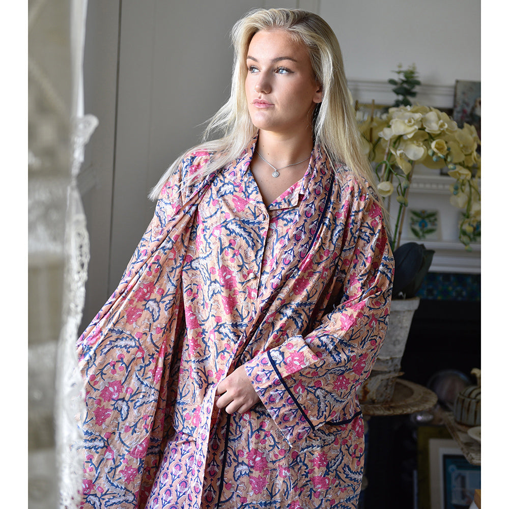 Apricot, Navy & Persian Red Print Dressing Gown