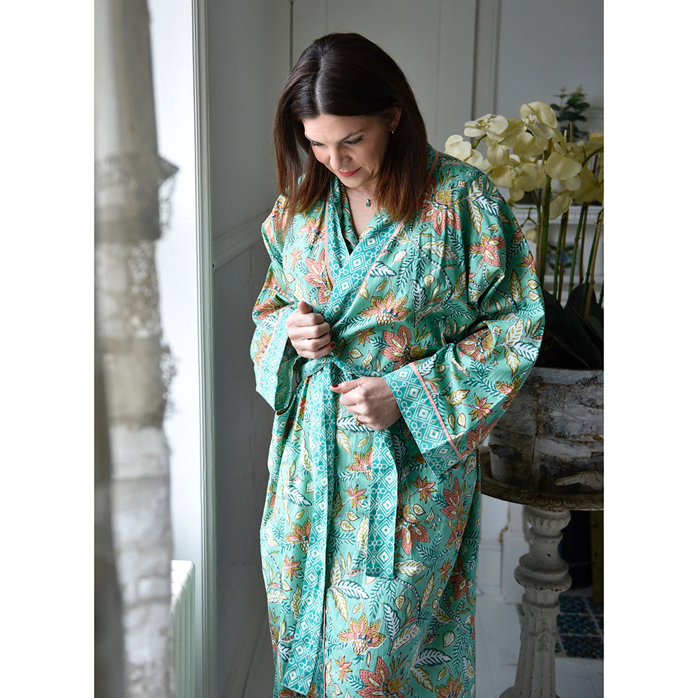 Turquoise, Pink & Olive Floral Dressing Gown