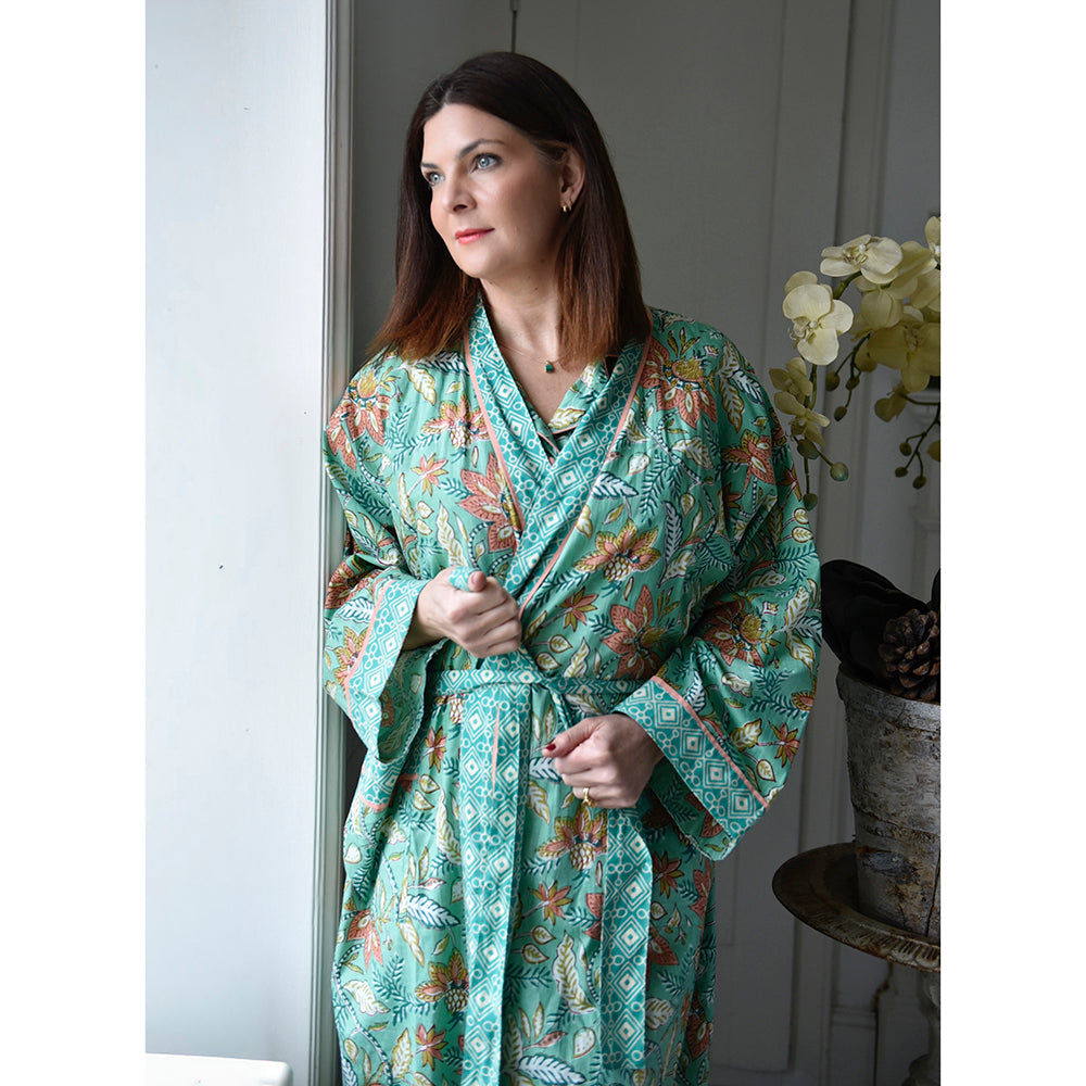 Turquoise, Pink & Olive Floral Dressing Gown