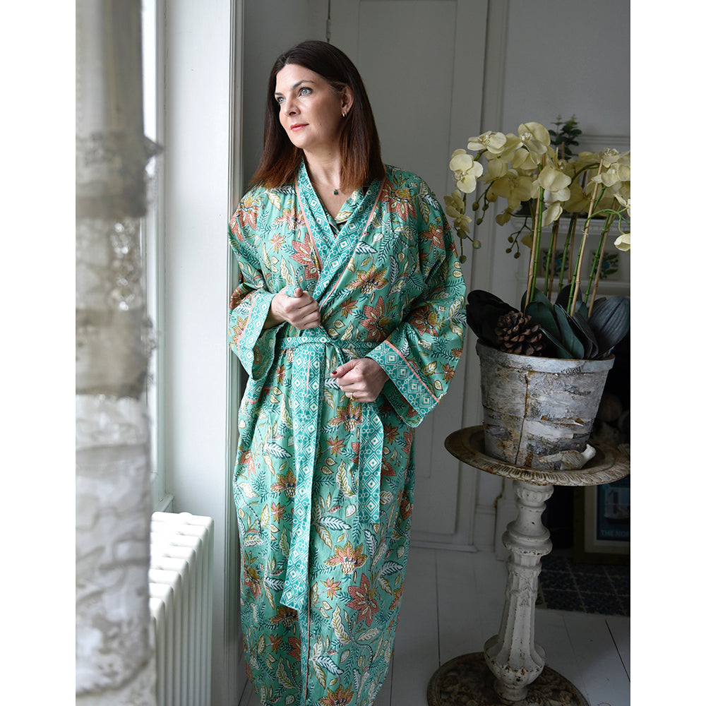 Turquoise, Pink & Olive Floral Dressing Gown