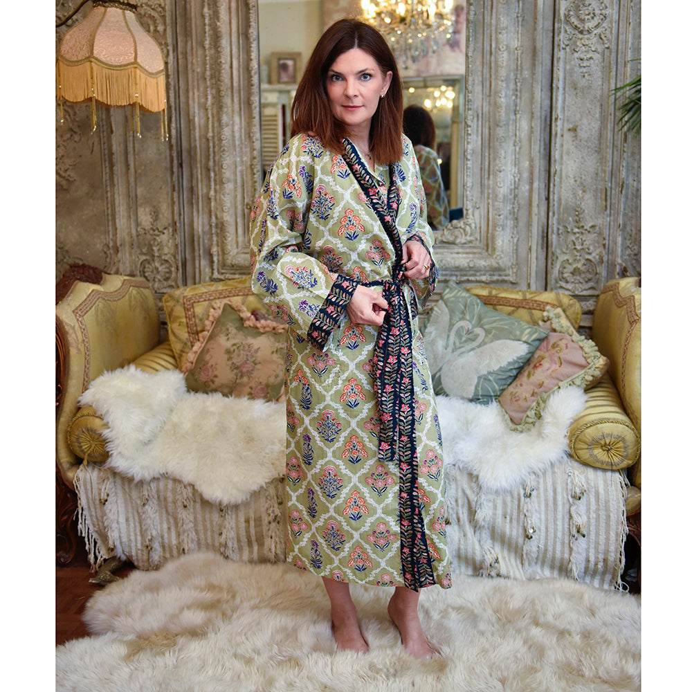 Green Floral Trellis Print Dressing Gown