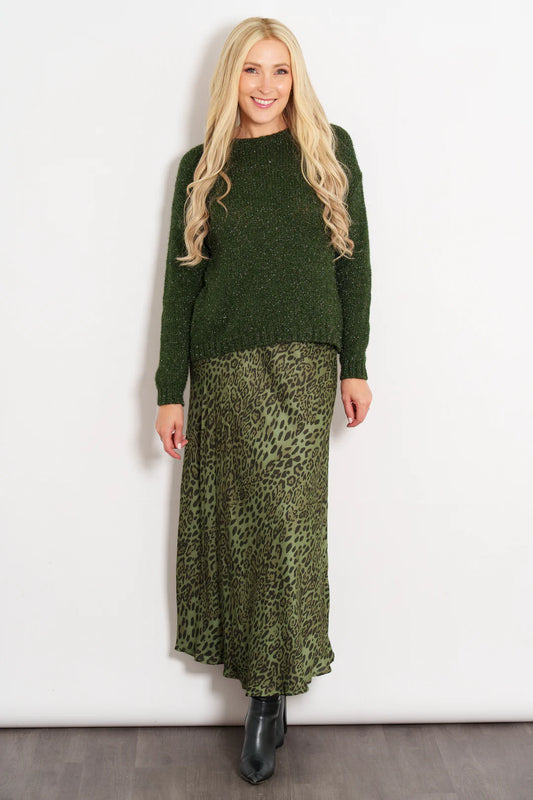Cassie, Midi Slip Skirt - Khaki Leopard Print