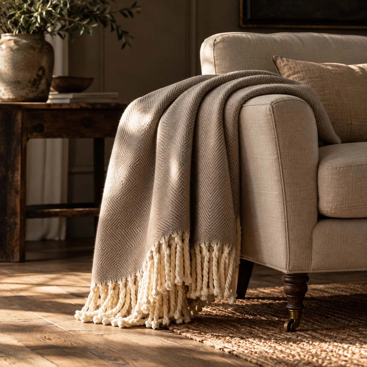 Beige Chevron, 100% Wool Throw