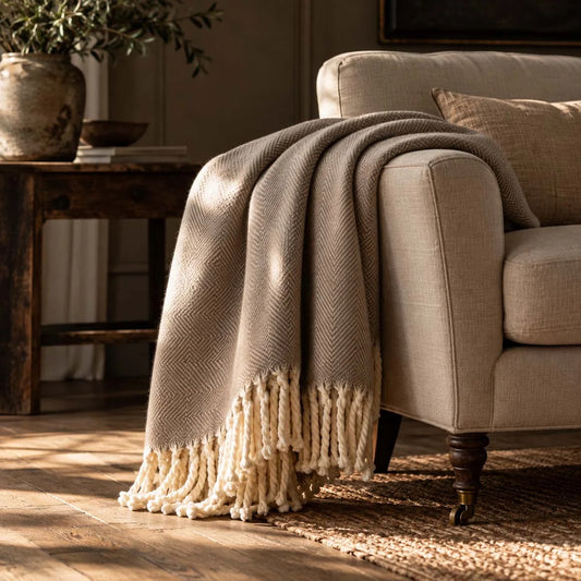 Beige Chevron, 100% Wool Throw