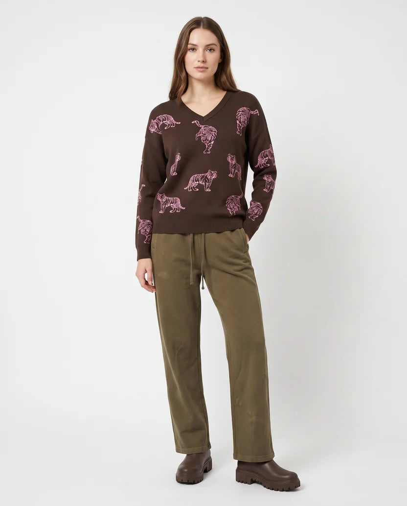 Leopard Pullover, Chocolate/Raspberry