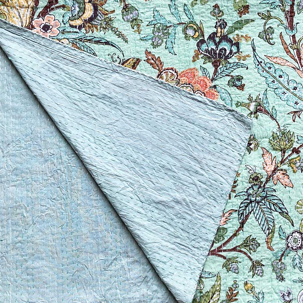 Mint Exotic Flowers Kantha Quilt