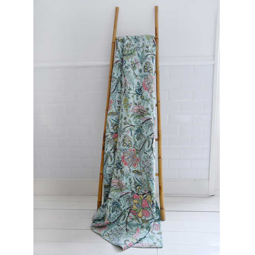 Mint Exotic Flowers Kantha Quilt