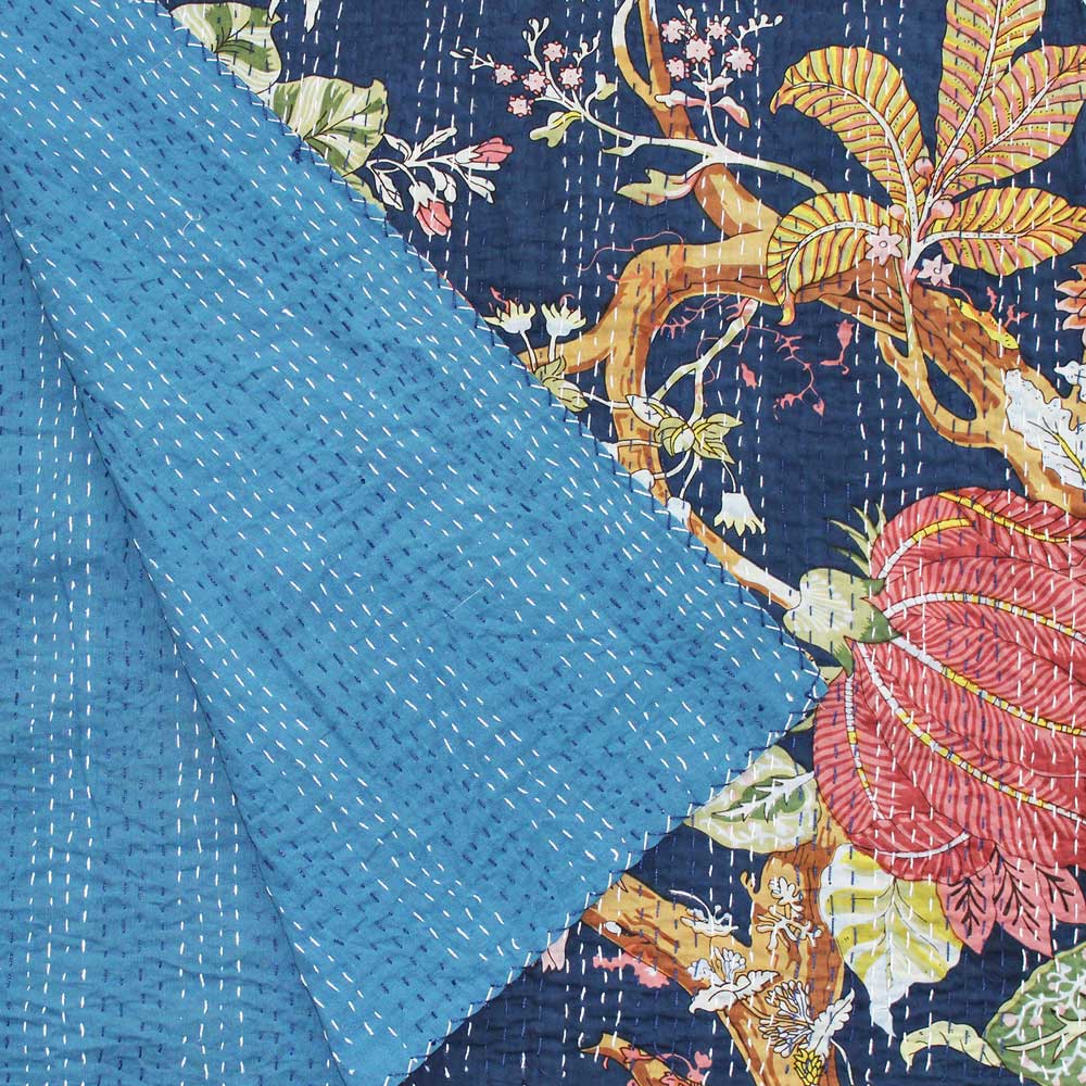 Blue Carnation Print Kantha Throw
