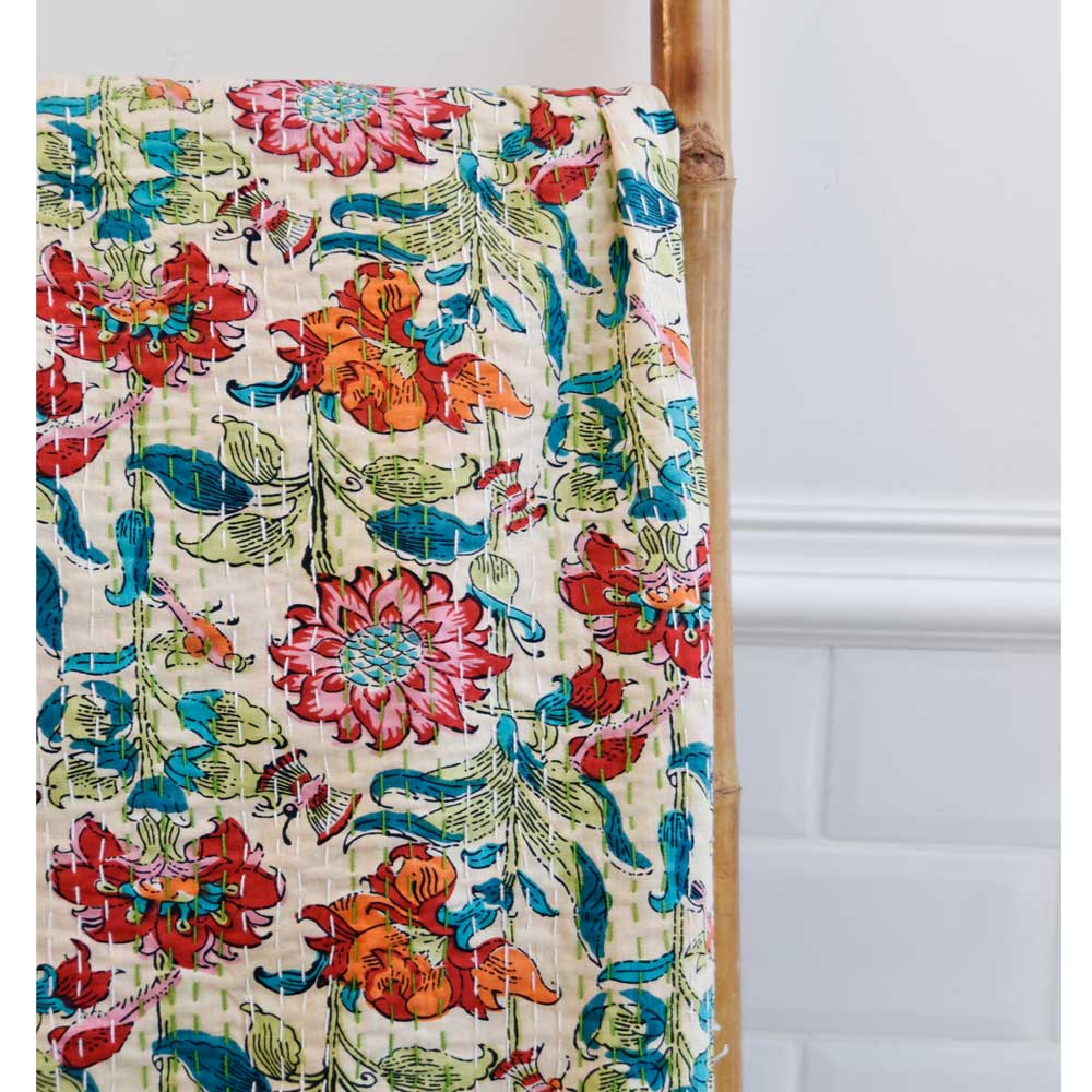 Indian Garden Floral Kantha Quilt