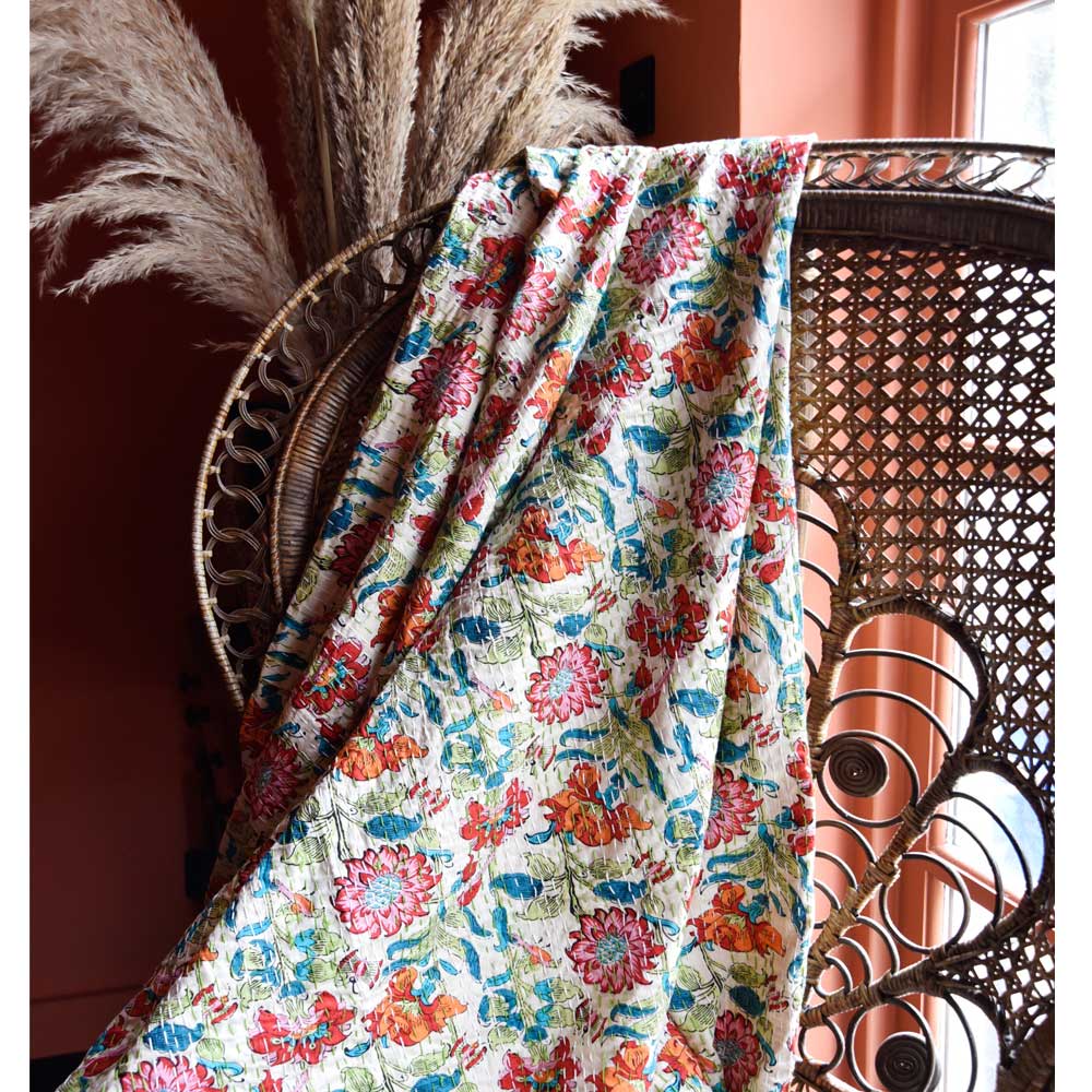 Indian Garden Floral Kantha Quilt