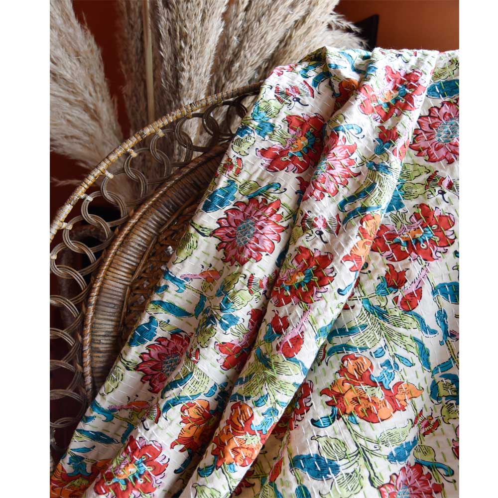 Indian Garden Floral Kantha Quilt
