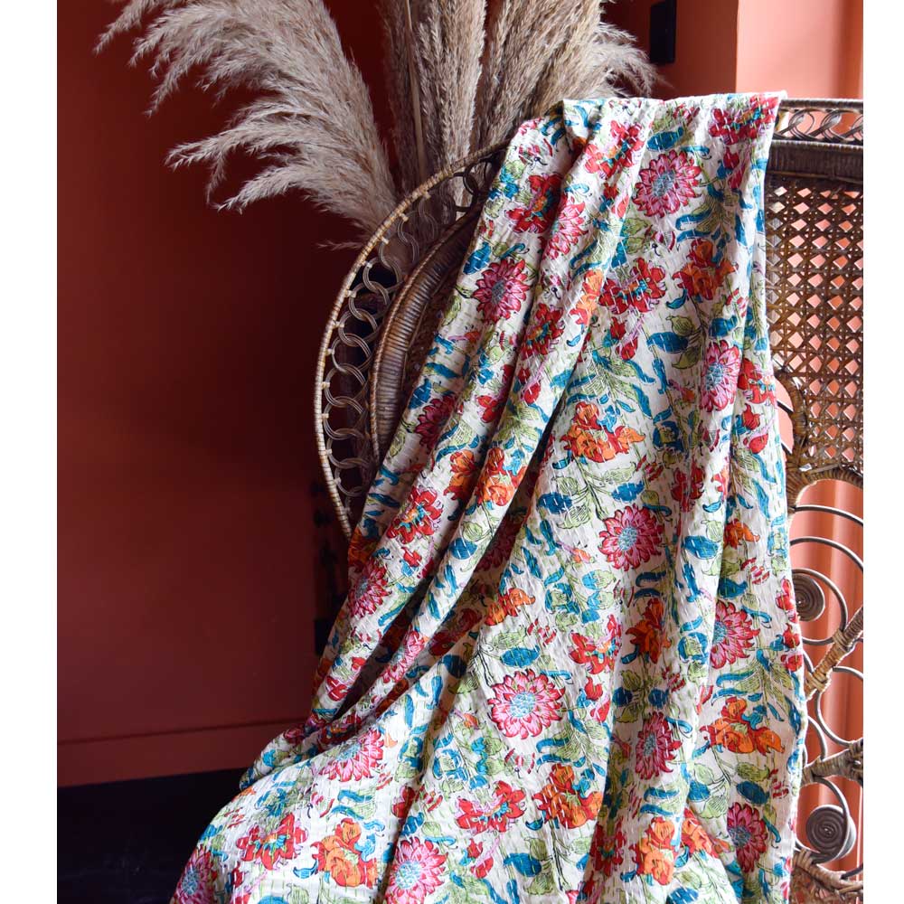 Indian Garden Floral Kantha Quilt