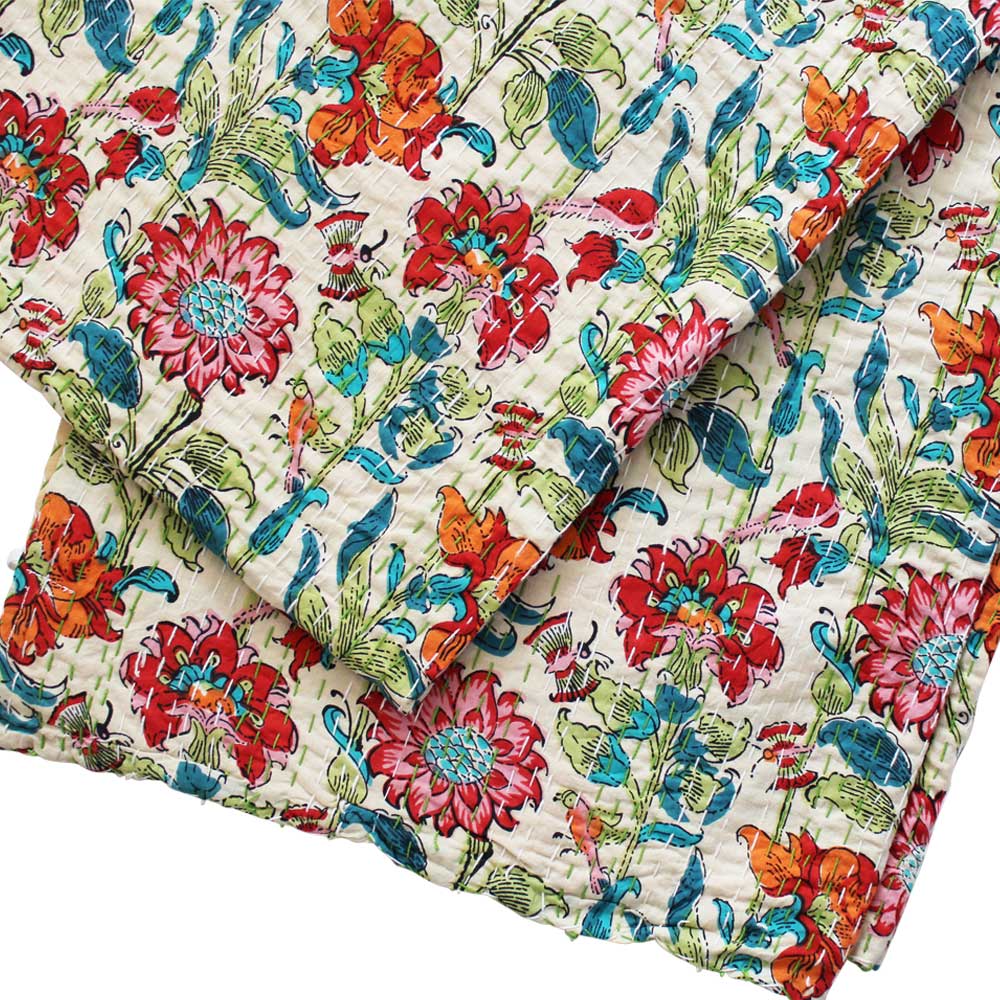 Indian Garden Floral Kantha Quilt