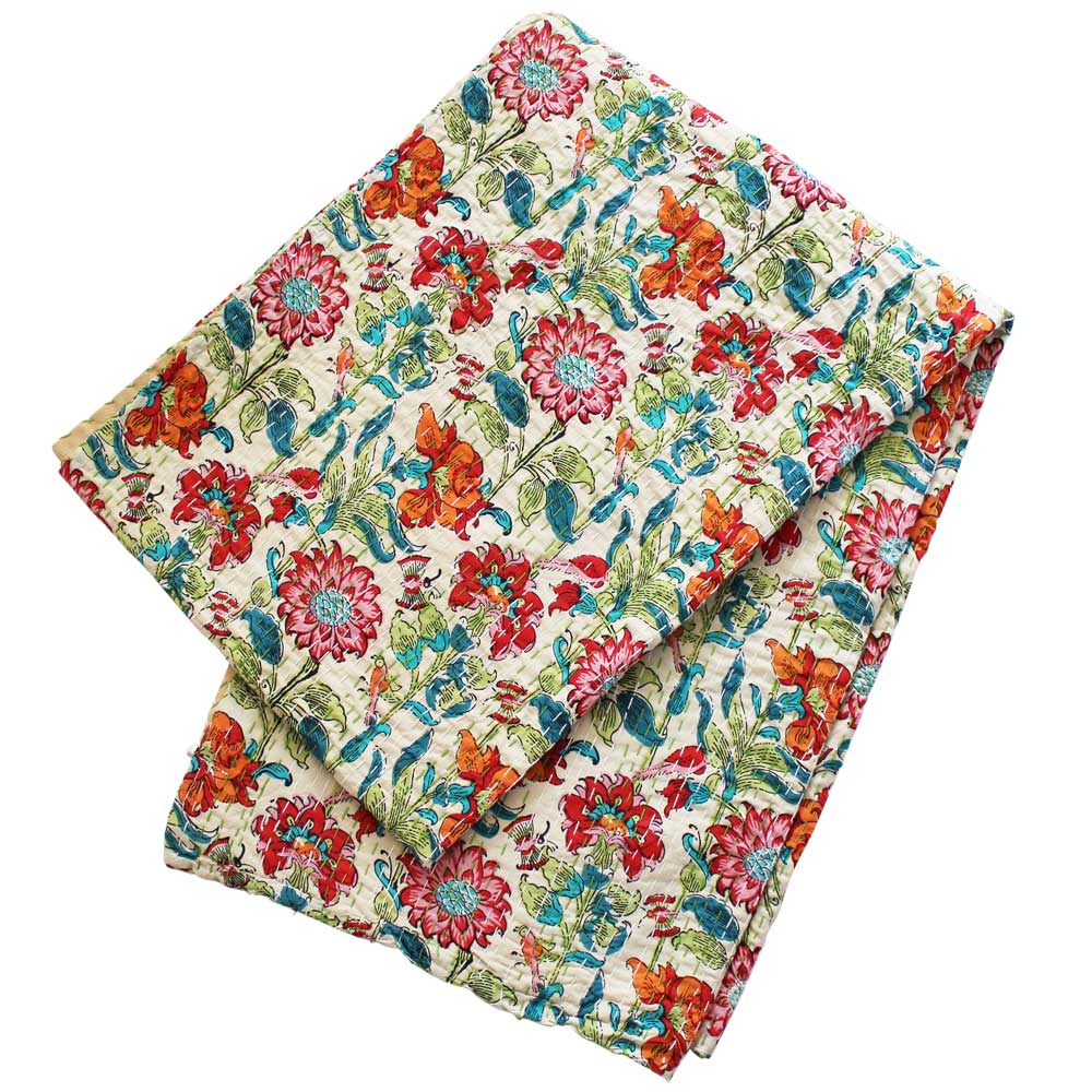 Indian Garden Floral Kantha Quilt