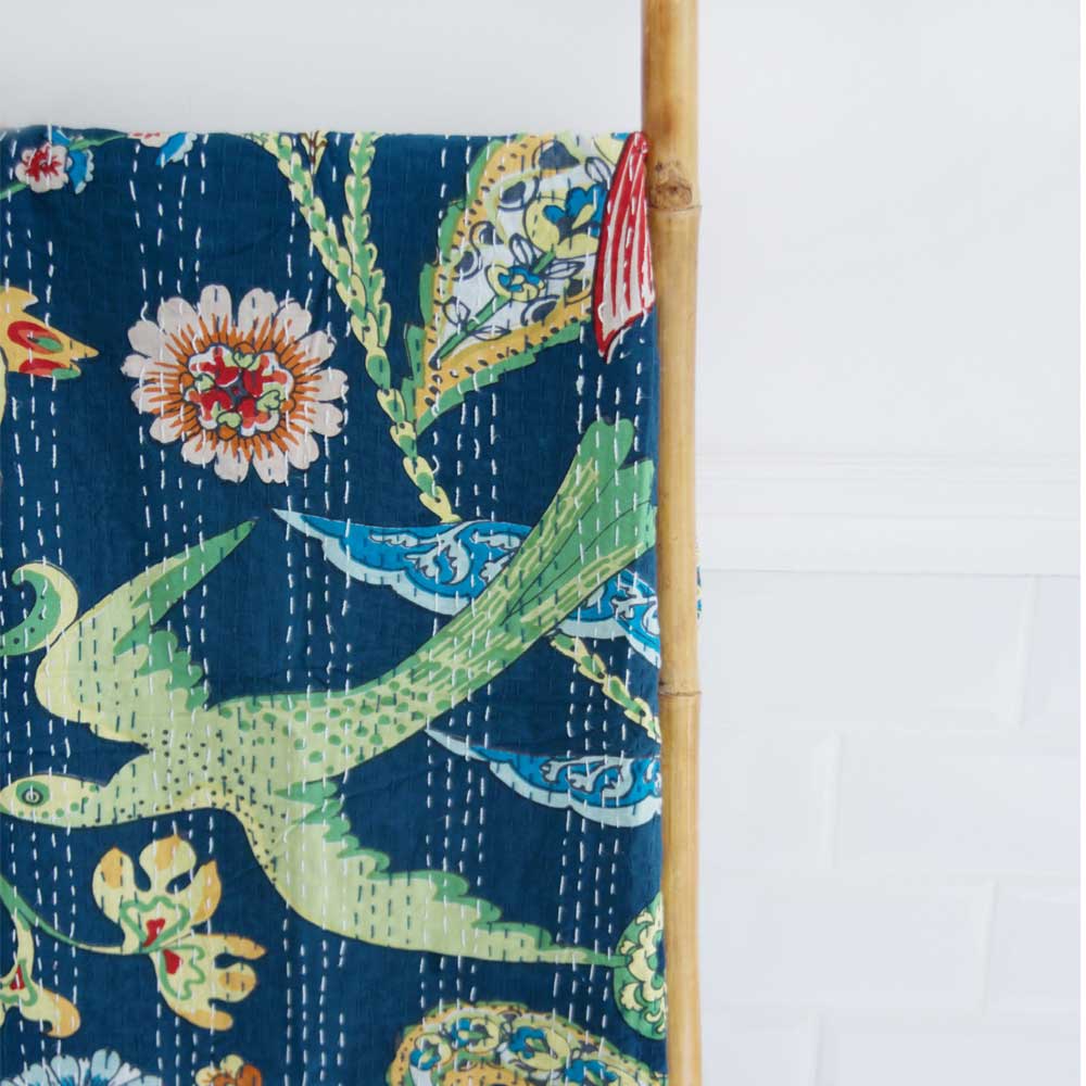 Blue Foral & Exotic Bird Kantha Quilt