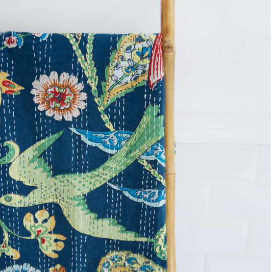 Blue Foral & Exotic Bird Kantha Quilt