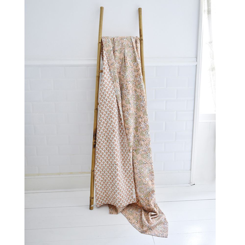 Peach & Green Floral Kantha Quilt