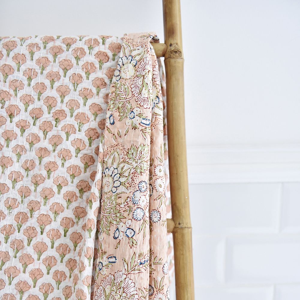 Peach & Green Floral Kantha Quilt