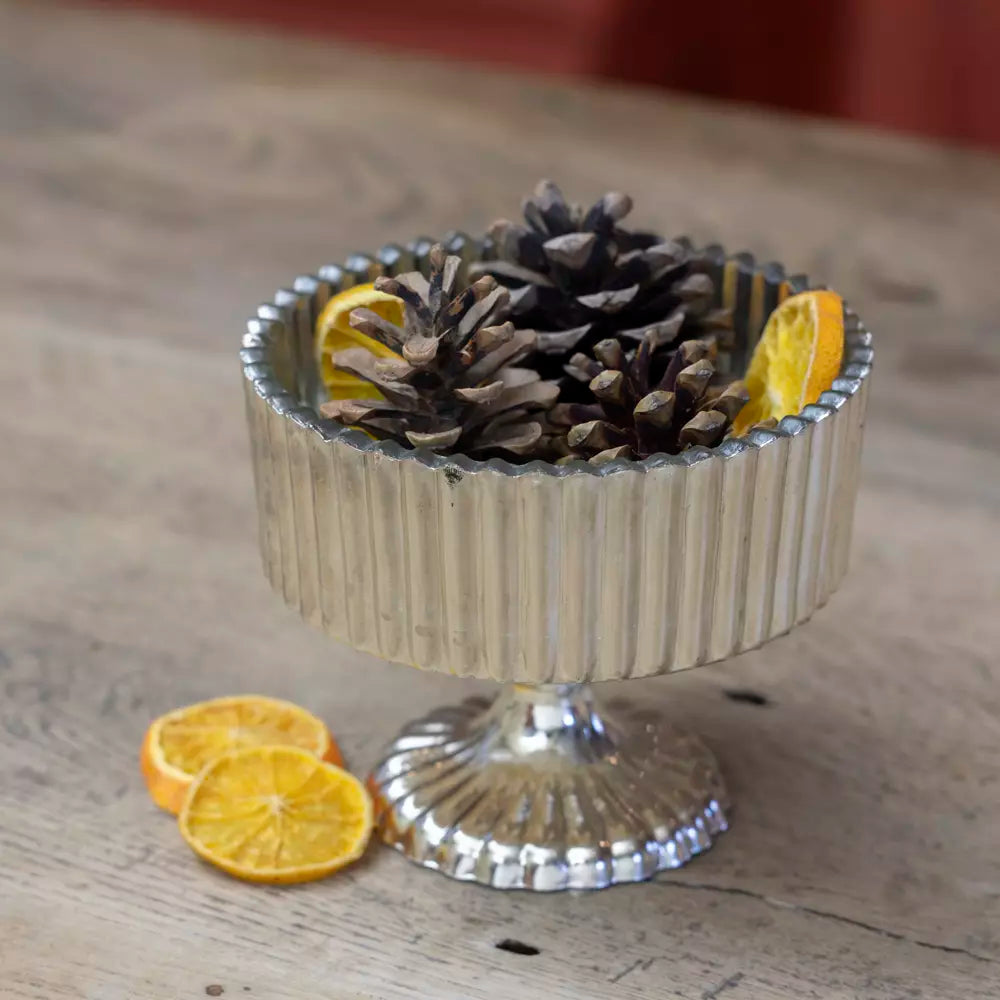 Antiqued Silver Ribbed Bowl on Stand