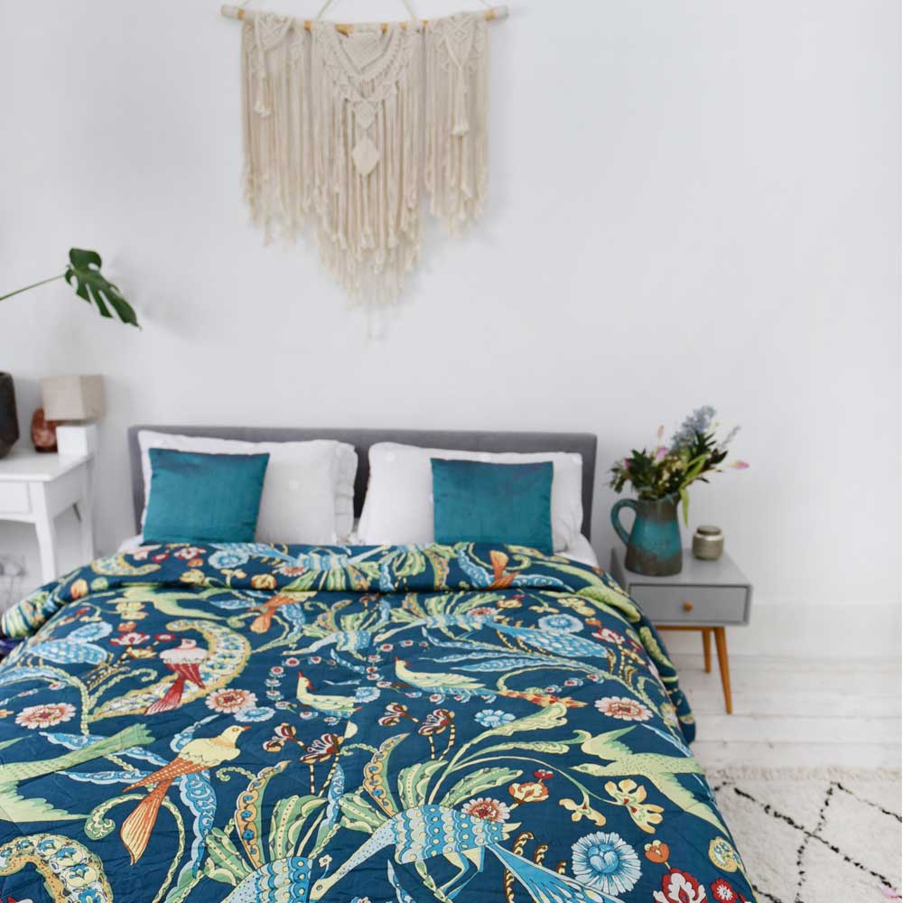 Blue Floral Exotic Bird Print Quilt