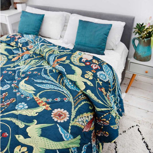Blue Floral Exotic Bird Print Quilt